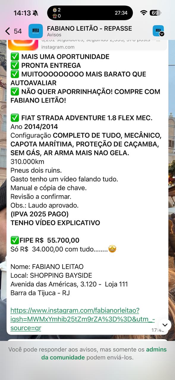 Oferta de picape publicada no grupo FL Motors