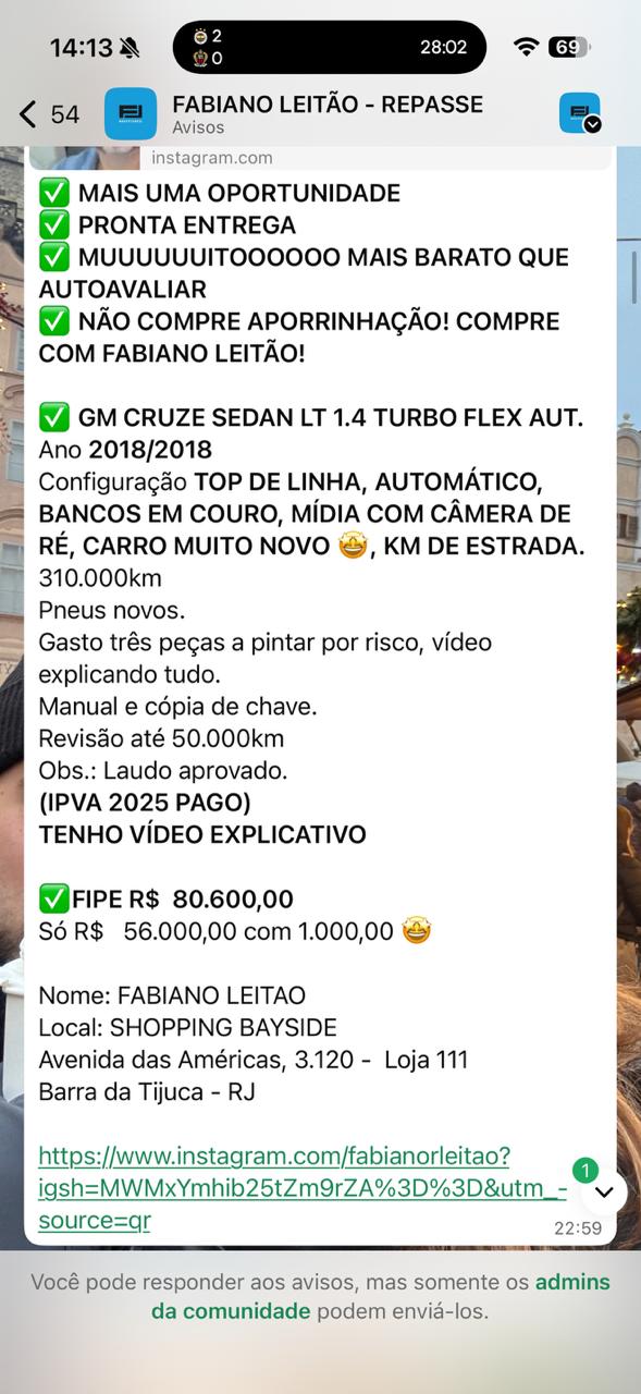 Oferta de carro publicada no grupo FL Motors