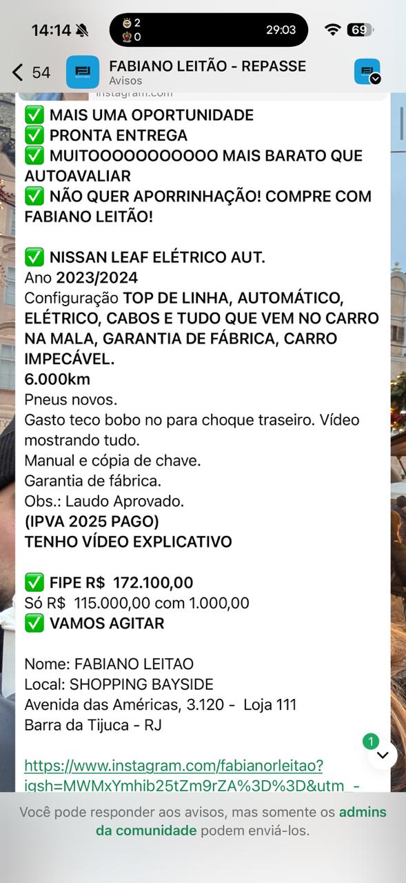 Oferta de carro elétrico publicada no grupo FL Motors